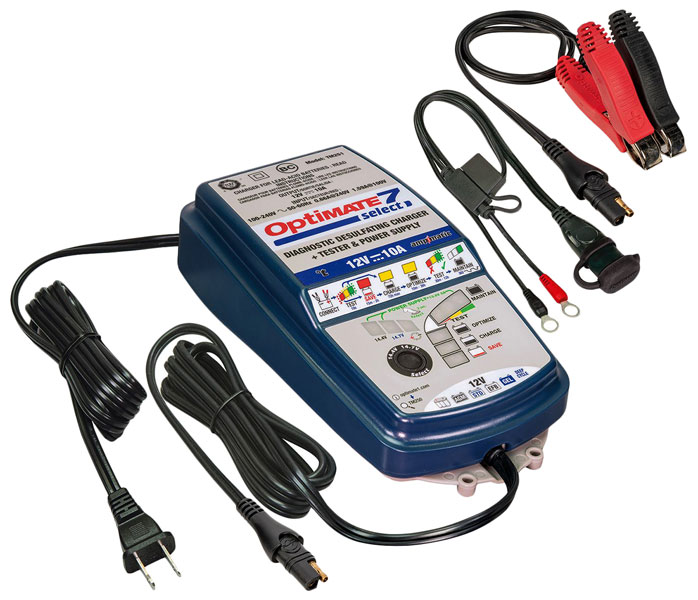 Chargeur de batterie Optimate 4, 12V, fonction diagnostic, étanche (10 LEDs  de diagnostic, 2 niveaux de désulfatisation, pinces de poles et adaptateur  étanche pour véhicule)