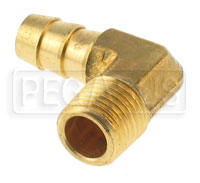 Click for a larger picture of 1/4 NPT to 3/8 Hose Barb Fitting, Brass - Right Angle
