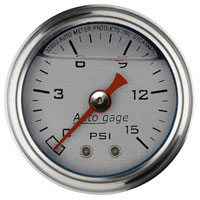Click for a larger picture of Auto Meter 1.5" Mechanical Pressure Gauge, 0-15 PSI, Silver