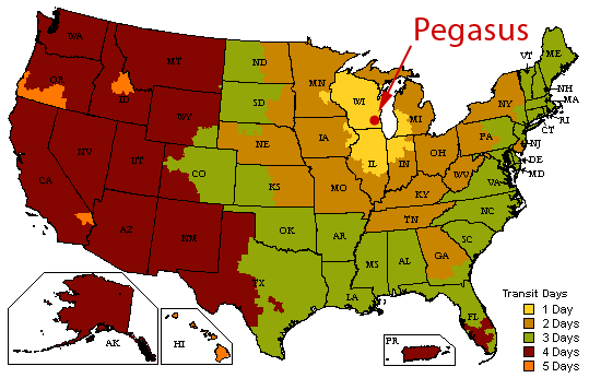 Pegasus - UPS Ground Transit Time Map from Zip Code 53146